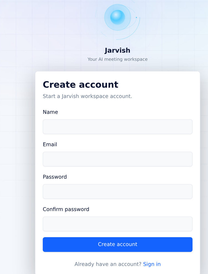 Create account — name, email, password.