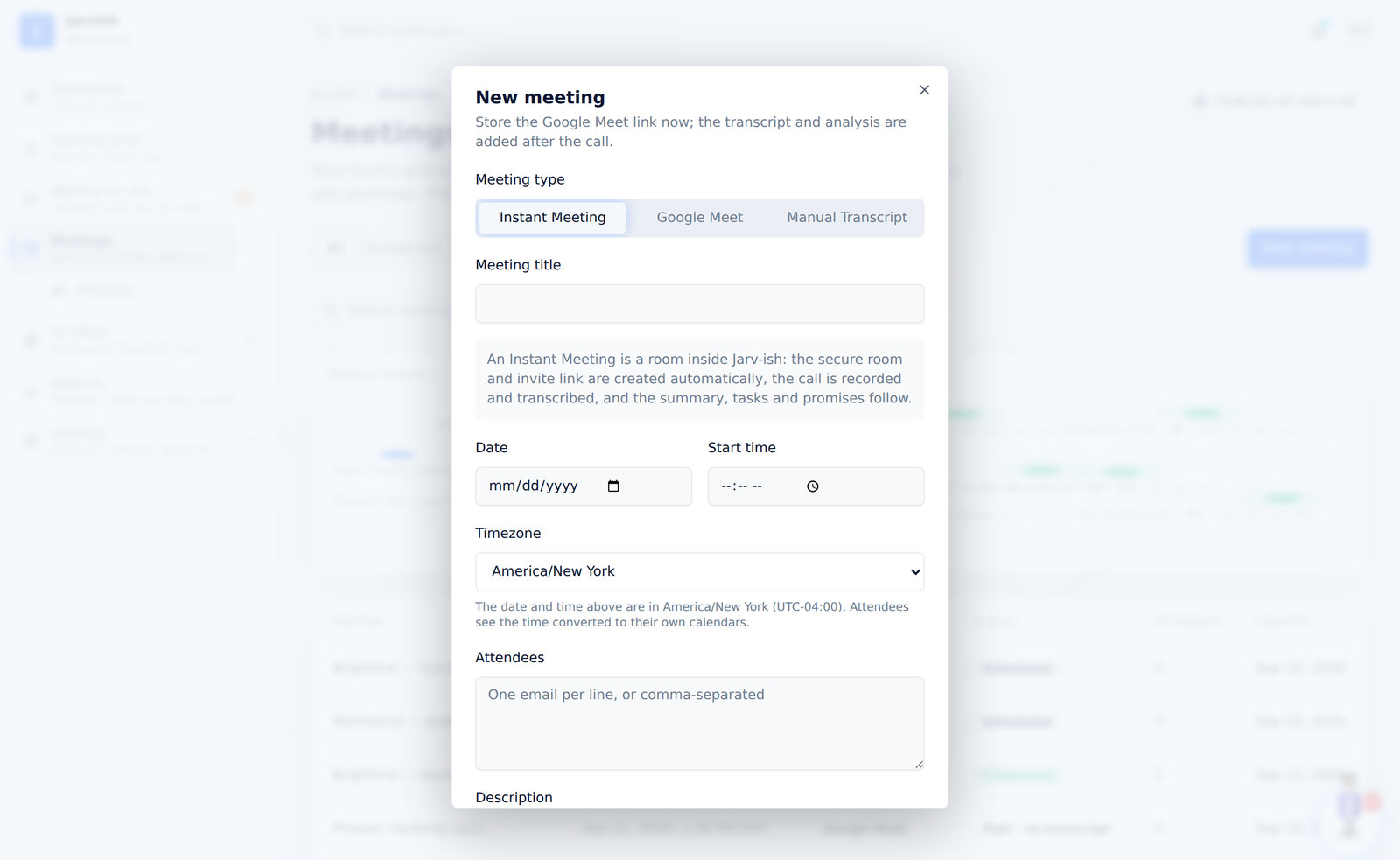 New meeting — type, title, date, time, timezone, attendees.