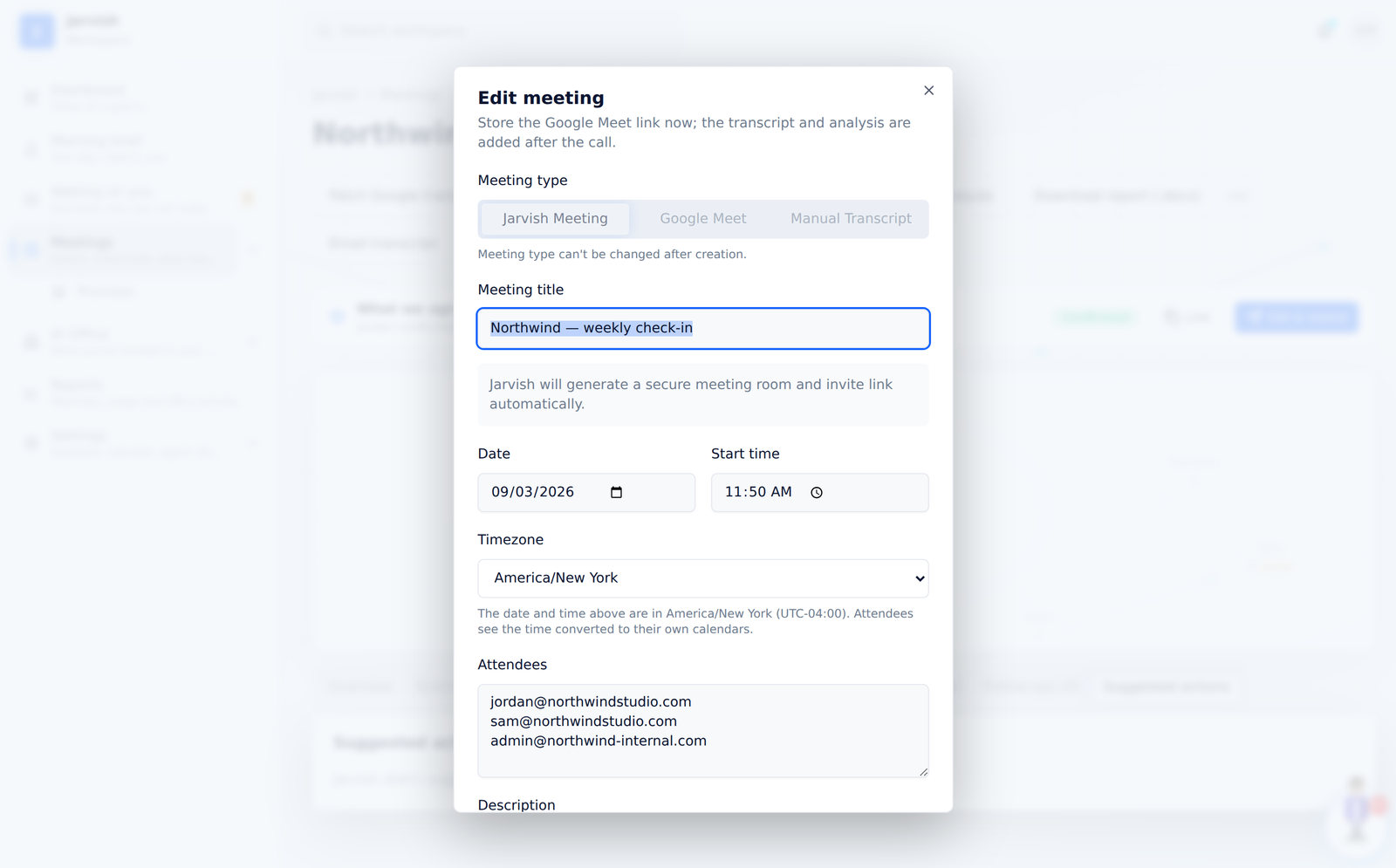 Edit meeting — title, date, time, timezone, attendees, description and analysis instructions.