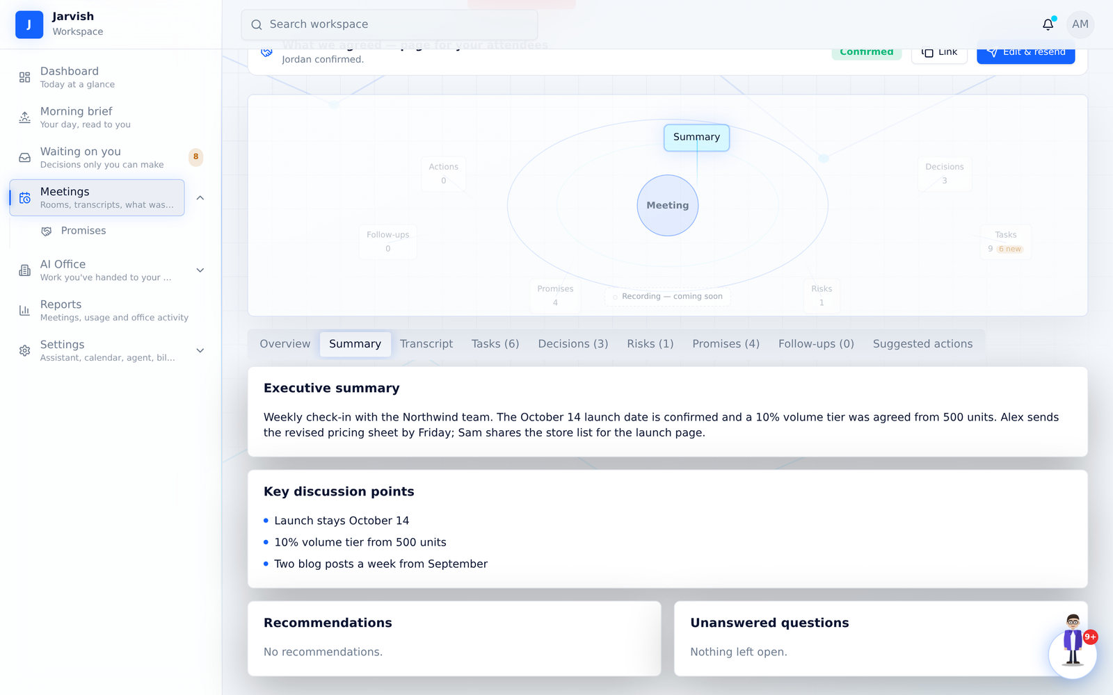 Summary — executive summary, key points, recommendations, sentiment.