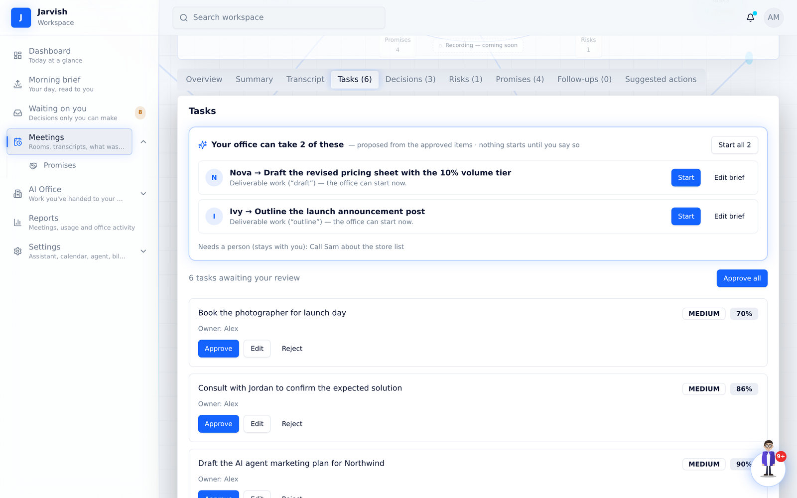 Tasks — approval queue with the office strip above the list.