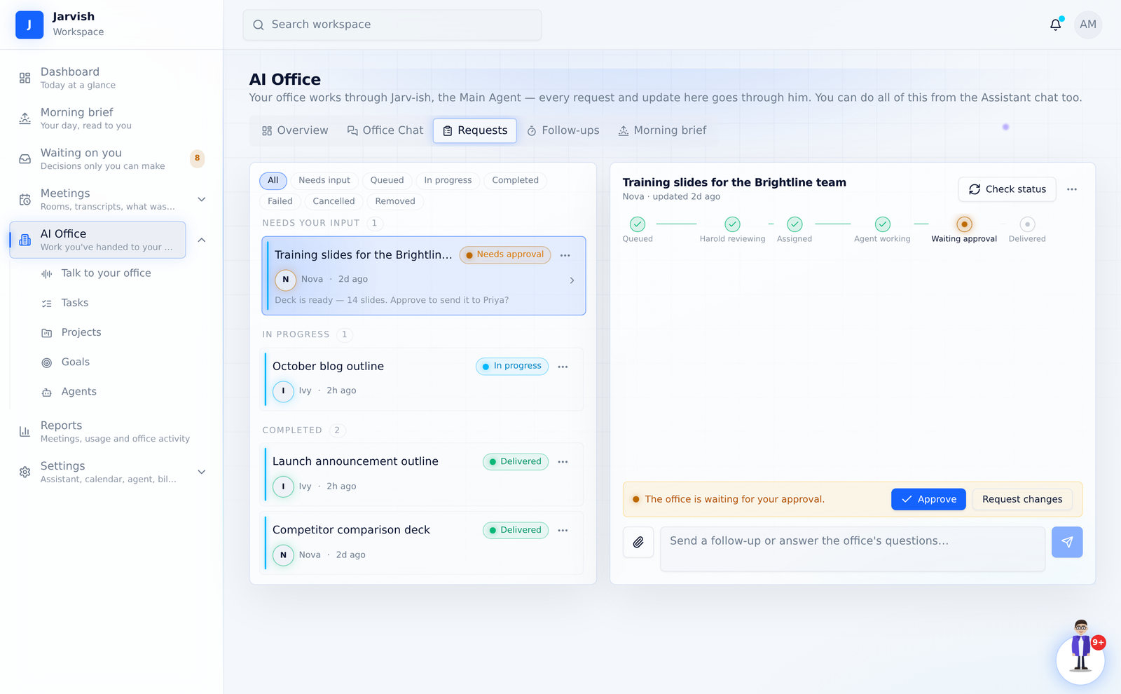 A request that needs approval — Approve, Request changes, or reply in the box.