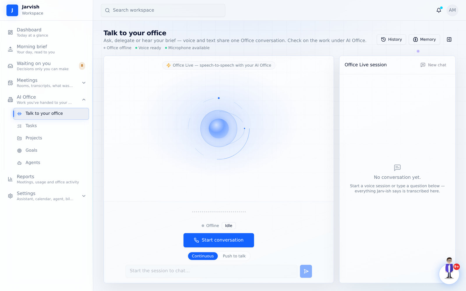 Talk to your office — voice stage, transcript panel, Continuous / Push to talk.