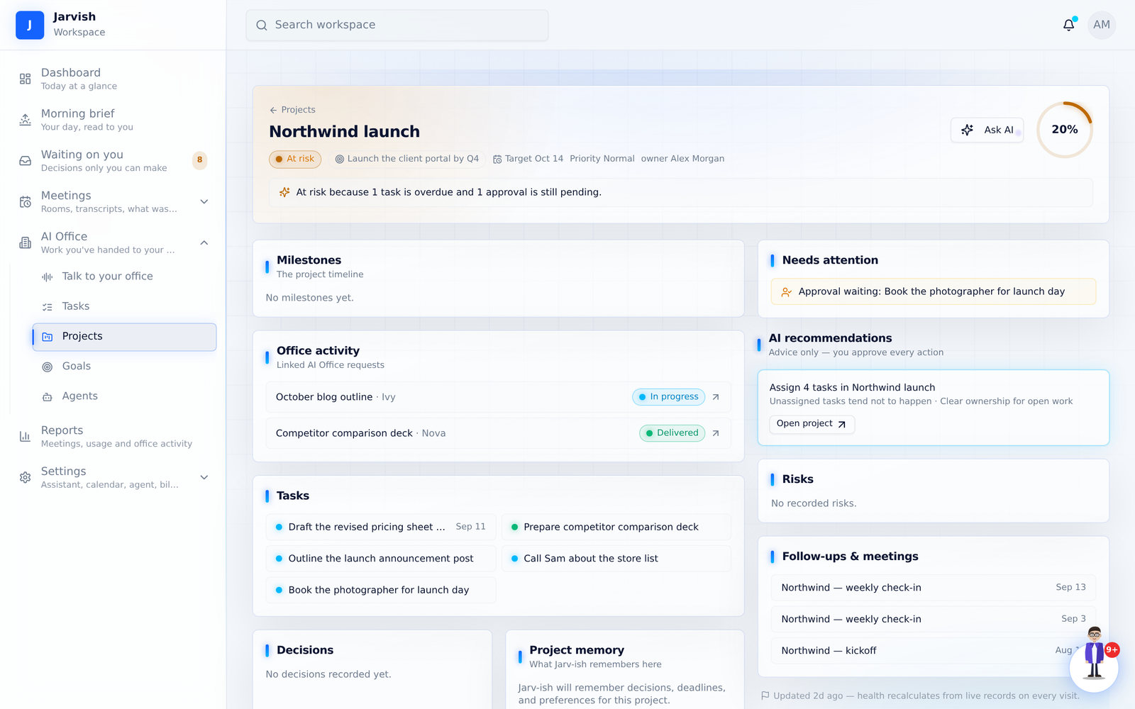 A project workspace: milestones, office activity, risks, decisions and follow-ups.