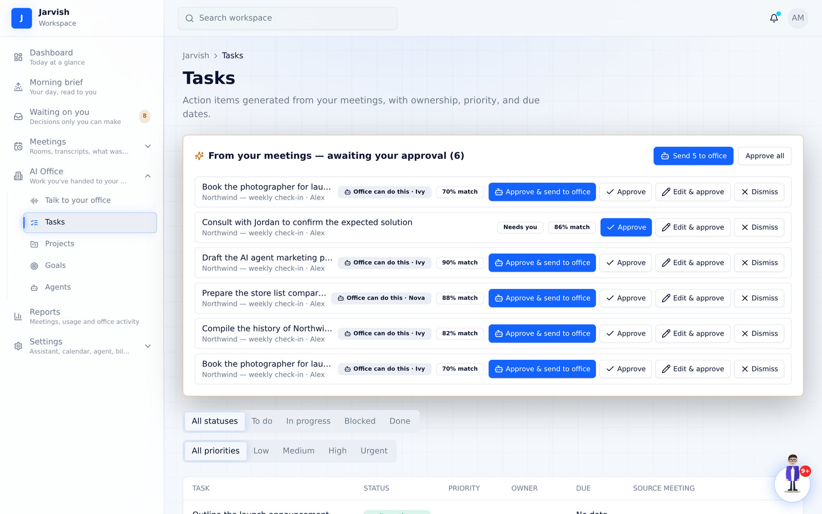 Tasks — “With the office” and “Done by Ivy” badges close the loop.