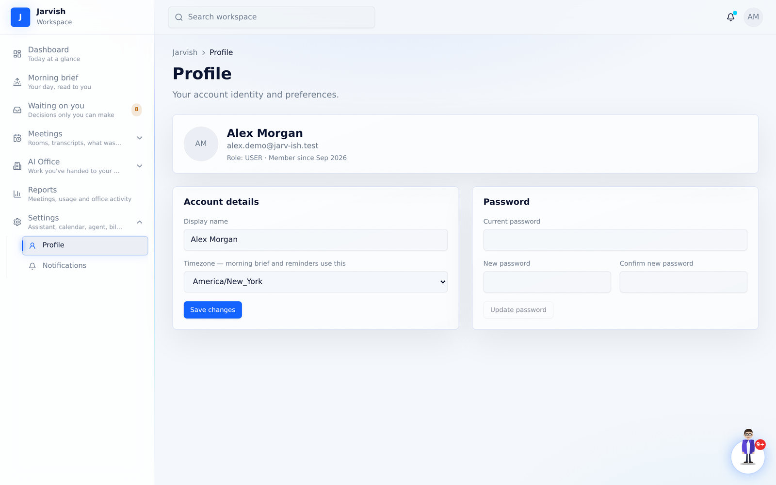 Profile — name, timezone, password.