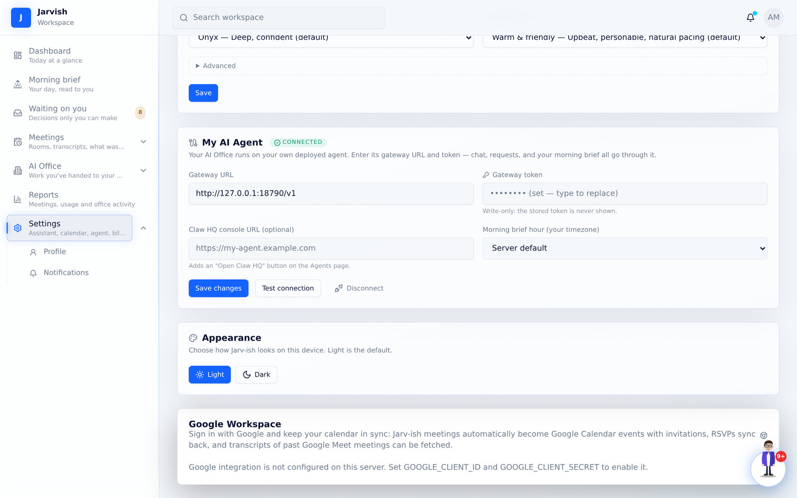 Settings → My AI Agent — gateway URL, token, Claw HQ link and the brief hour.