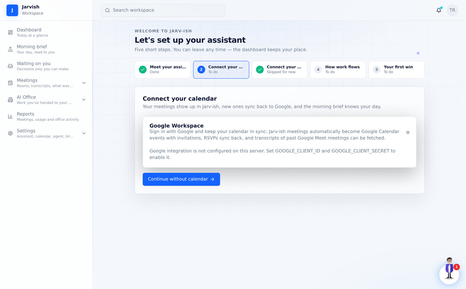 Step 2 — Google Workspace: invitations, RSVPs and past Google Meet transcripts.