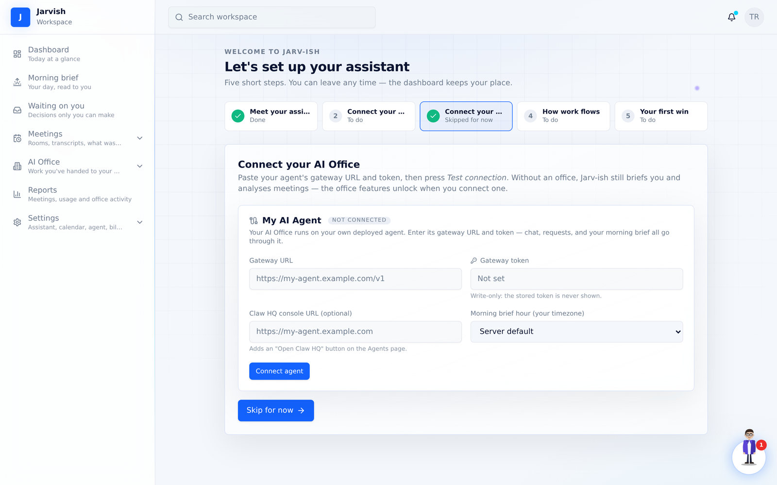 Step 3 — gateway URL, token, optional Claw HQ link and brief hour.