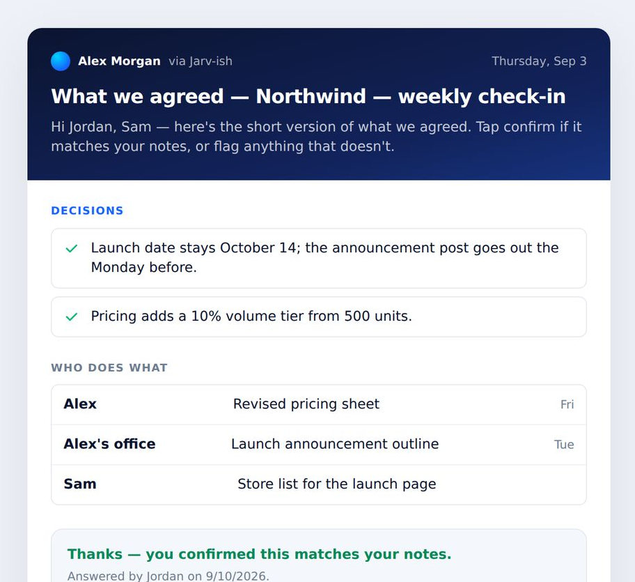 What the attendee sees: decisions, who does what, and one Confirm button.