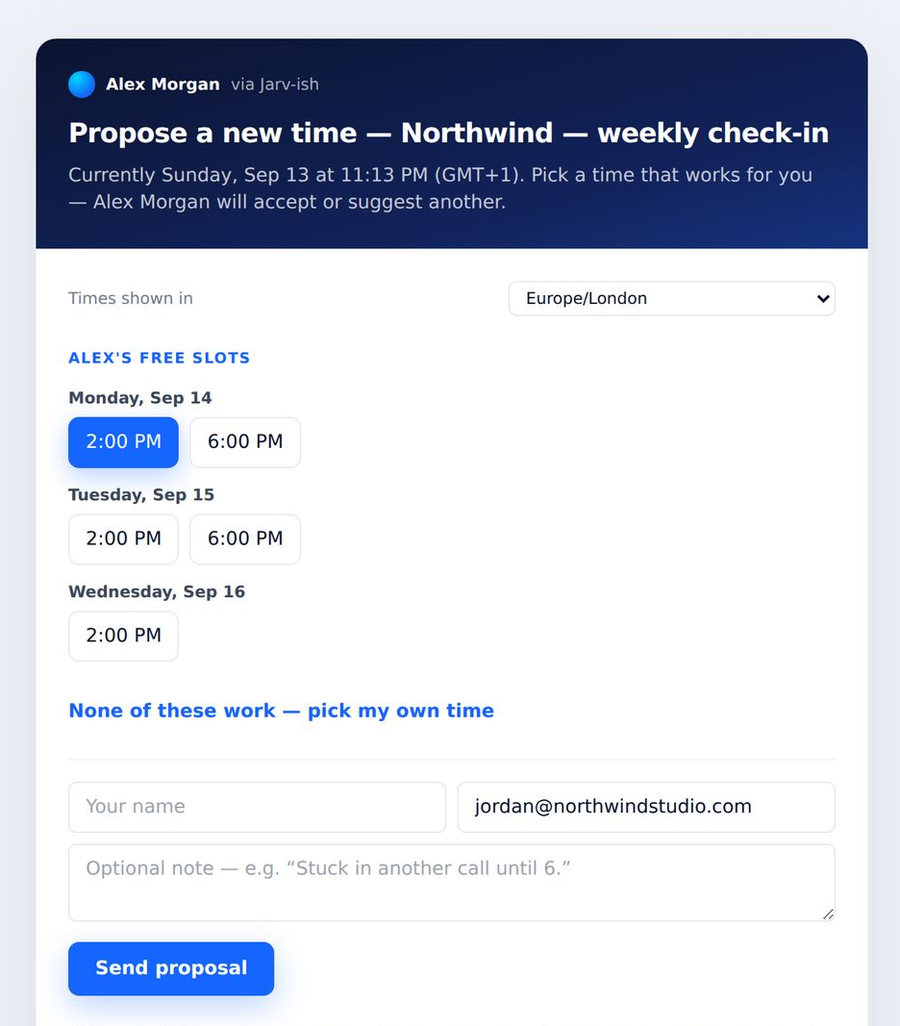 The guest’s propose page — your free slots in their timezone, or their own time.