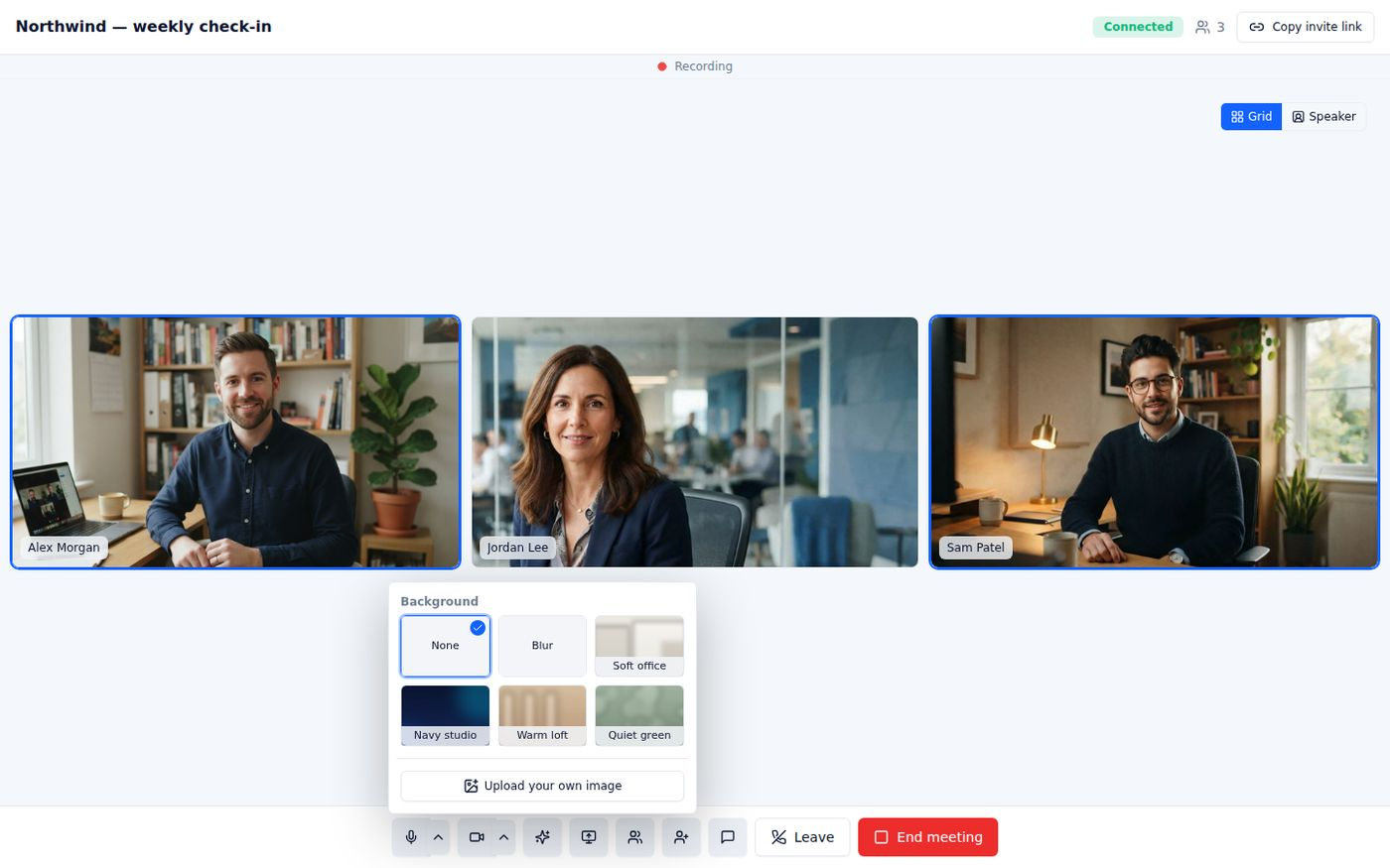 Effects — None, Blur, four built-in backgrounds, or upload your own image. Runs on your computer.