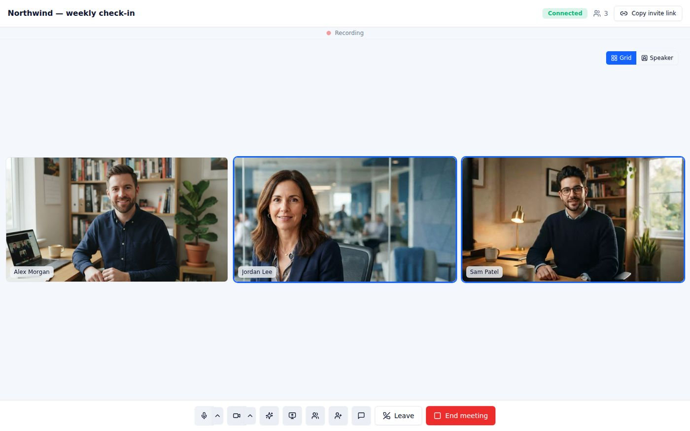 Grid view — everyone the same size. Hover a tile and click Pin to keep someone on stage.