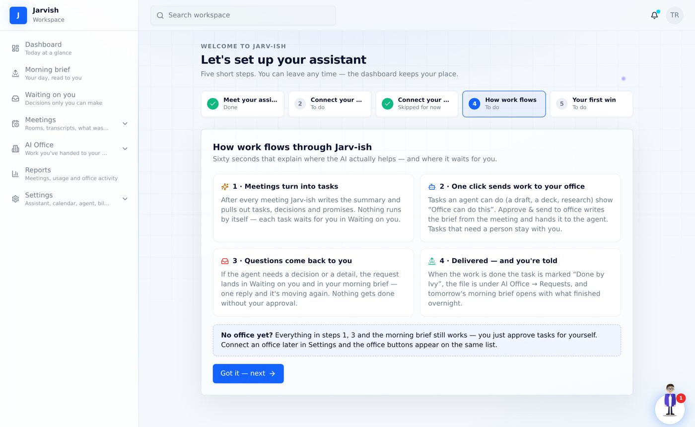 Step 4 — the tour. Its last card adapts to whether your office is connected.